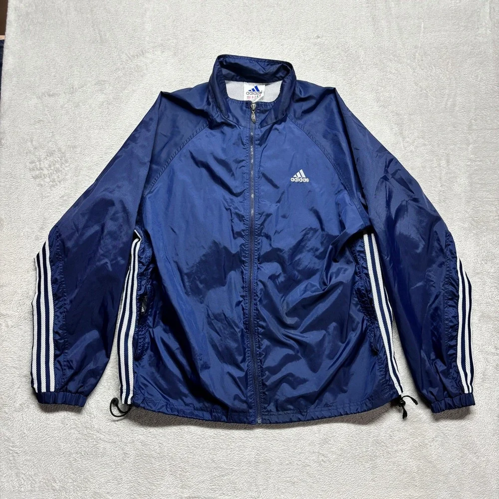 VTG Adidas Mens XL Navy Blue Windbreaker Full Zip Mesh Lined Jacket 3 Stripe Y2K